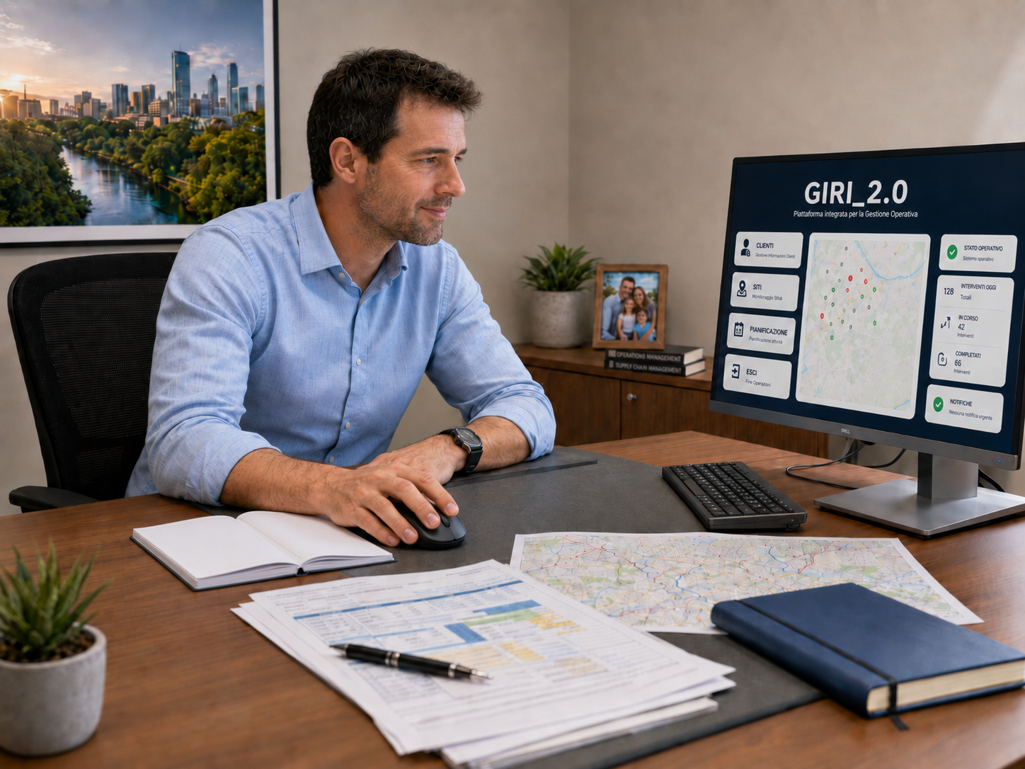 Planner in ufficio ordinato con GIRI2-0 su monitor